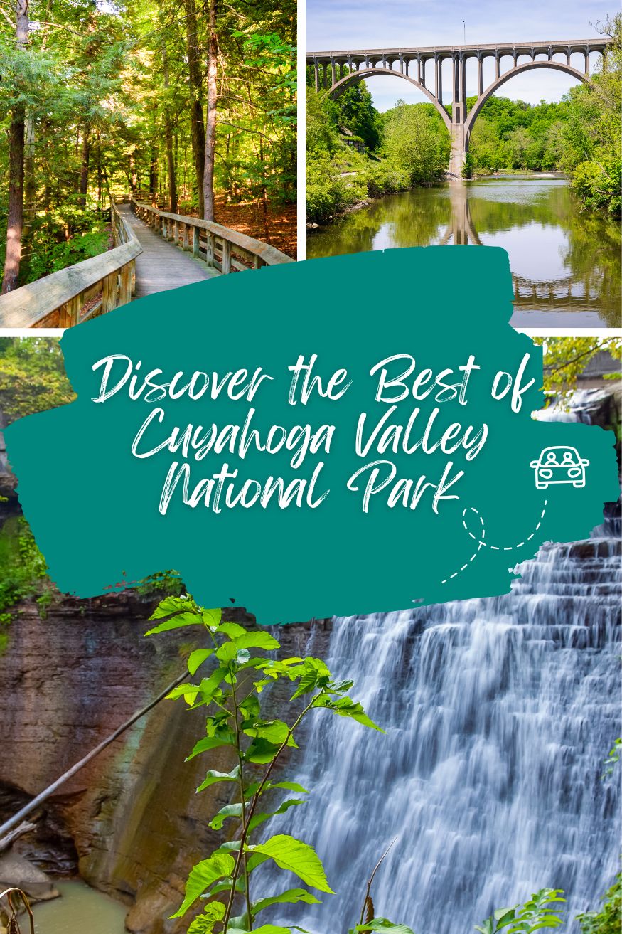 A scenic collage of Cuyahoga Valley National Park showing Brandywine Falls, a lush deciduous forest trail near Ledges Trailhead Parking Lot, and colorful fall foliage near the Towpath Trail in Northeast Ohio.