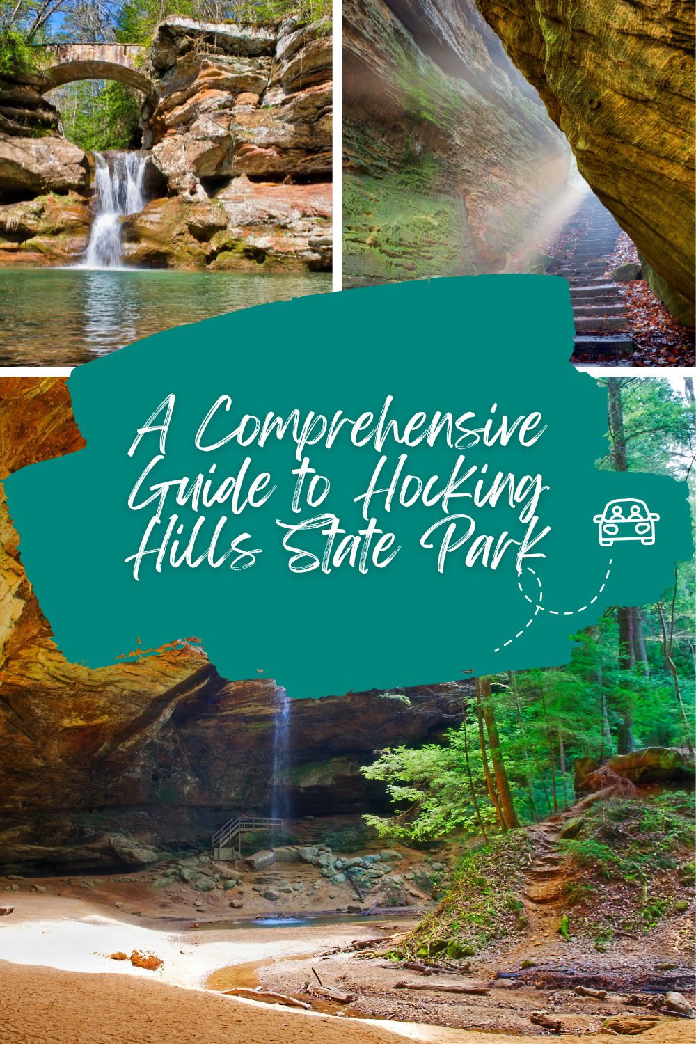 Collage of Old Man's Cave, Ash Cave, and Cantwell Cliffs in Hocking Hills State Park