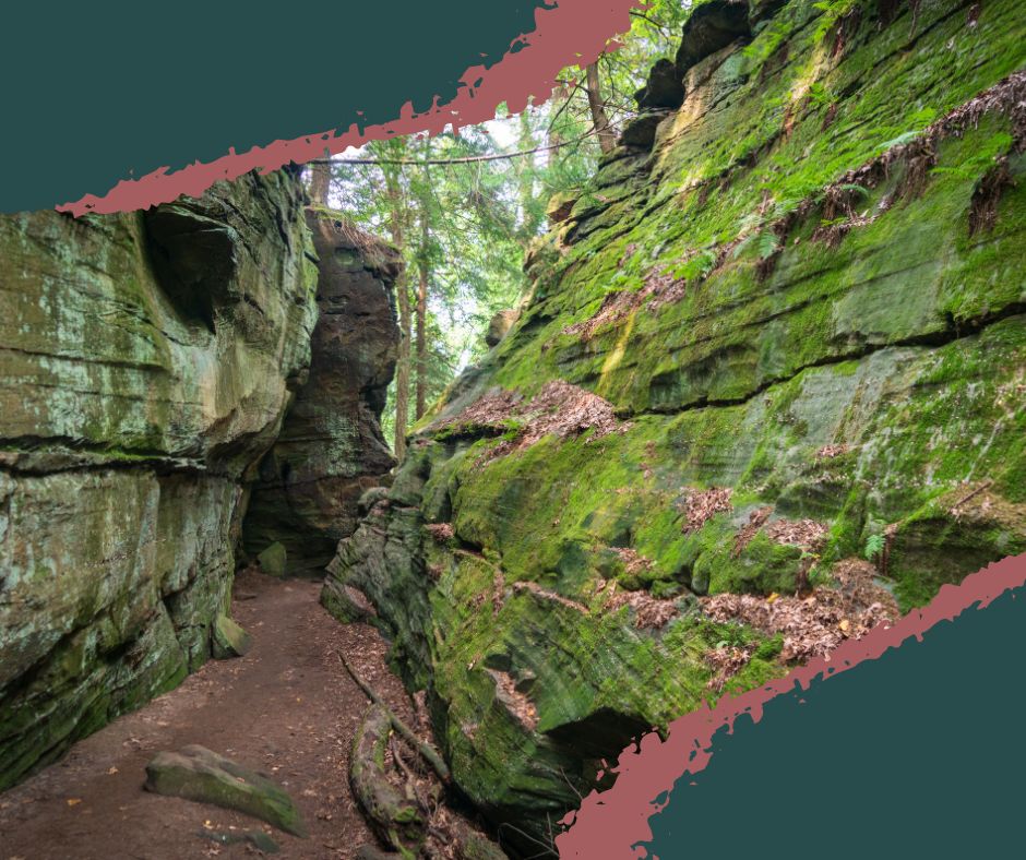 Massive moss-covered rock ledges along the Ledges Trail in the Virginia Kendall Area of Cuyahoga Valley National Park.