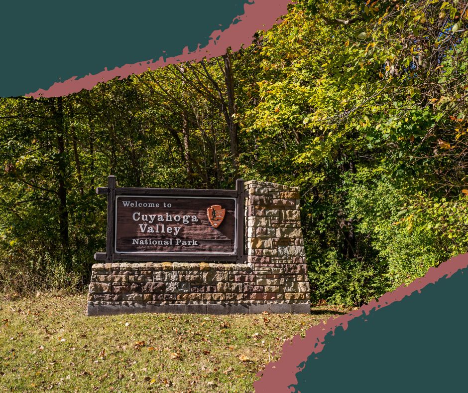 Cuyahoga Valley National Park entrance sign near Boston Mill Visitor Center, welcoming visitors to the National Park Service site in Northeast Ohio.
