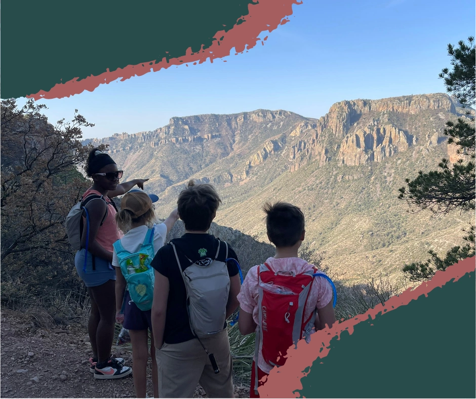 Kids hiking with parents on a Big Bend trail, wearing Junior Ranger hats and backpacks. National Park Junior Ranger Programs. Hiking Big Bend Lost Mine Trail.