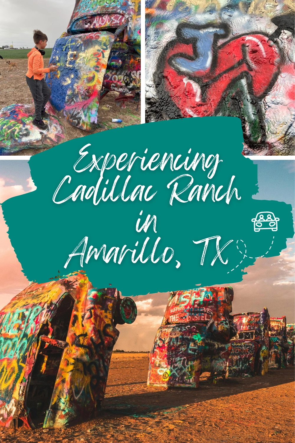 Children spray painting graffiti on cars at Cadillac Ranch in Amarillo, TX