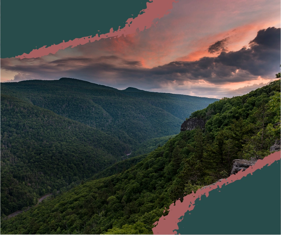 Panoramic view of rolling hills and valleys in the Catskill Mountains during the golden hour, with lush greenery and misty peaks. Catskill Mountains hills, Catskill Mountains scenic view, rolling hills, golden hour Catskills, Catskill landscape, Catskills nature, mountain views, serene landscapes, outdoor adventures Catskills, Catskills photography. Things to do in the Catskill Mountains. Catskill NY., national park junior ranger