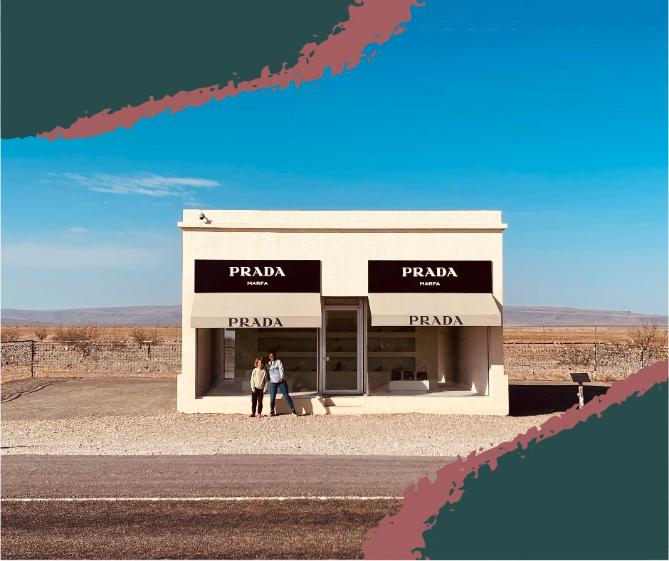 Photo of the Prada Marfa art installation standing in the desert near Marfa, TX Prada Marfa, Marfa Texas art, roadside attraction Texas, things to do Marfa TX,