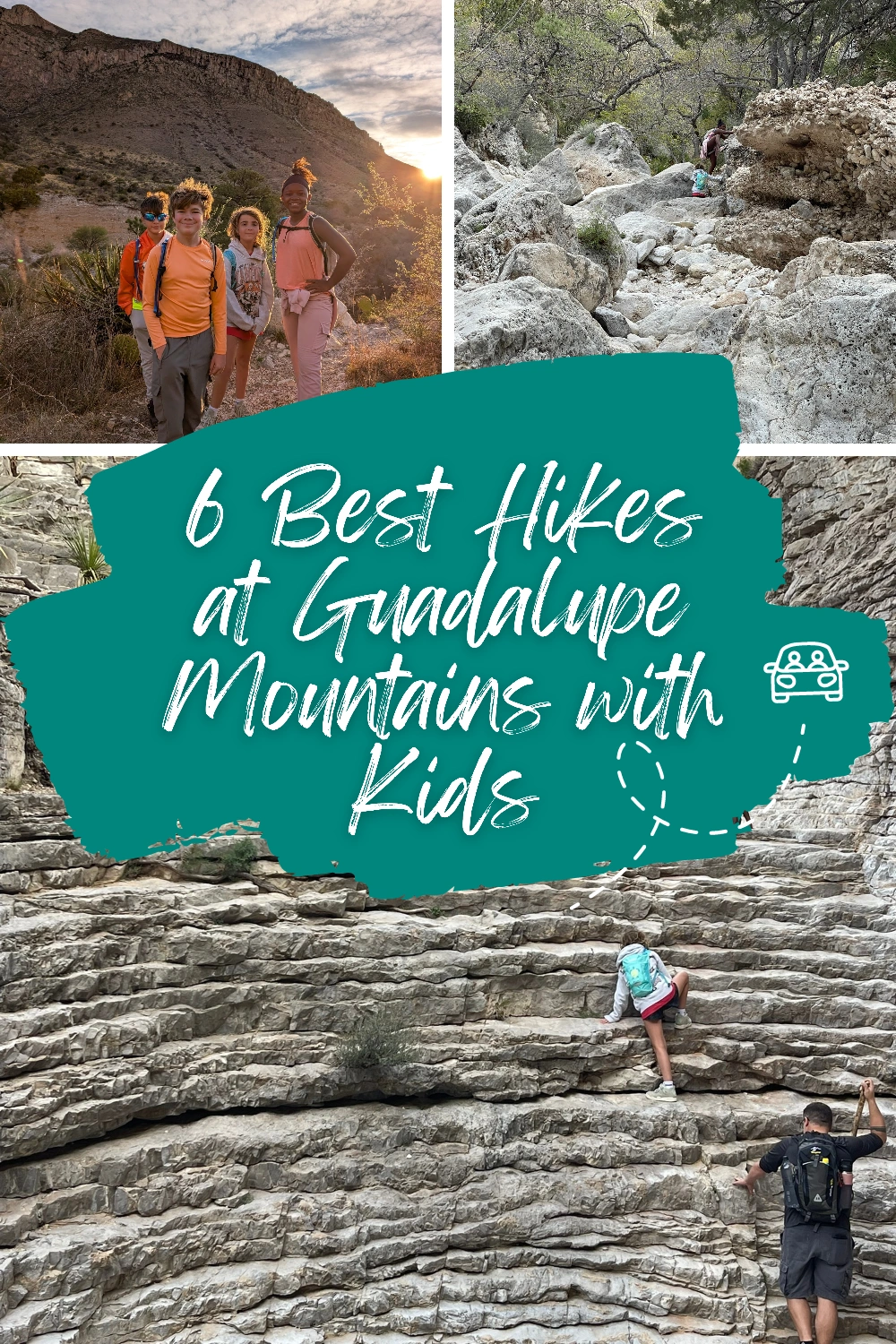 Kids hiking a family-friendly trail in Guadalupe Mountains National Park under clear blue skies. Best Hikes Guadalupe Mountains. Guadalupe Mountains with Kids. Things to do with kids guadalupe mountains.