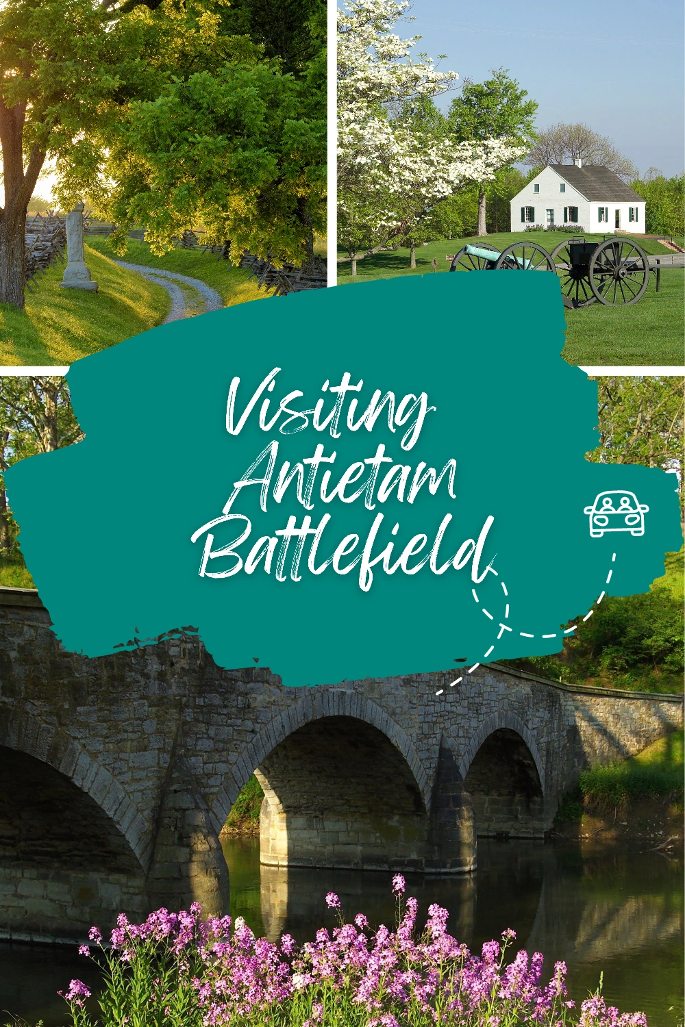 A sweeping view of Antietam National Battlefield — rolling fields, historic landmarks, and the solemn beauty of Burnside Bridge in the distance. This image captures the quiet power of a place that shaped the course of American history, seen through the lens of a traveling family seeking understanding and connection.