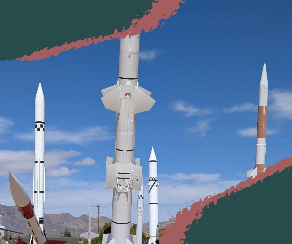 Missiles at the White Sands Missile Range Missile Park under clear skies, showcasing history and military development in the New Mexico desert.