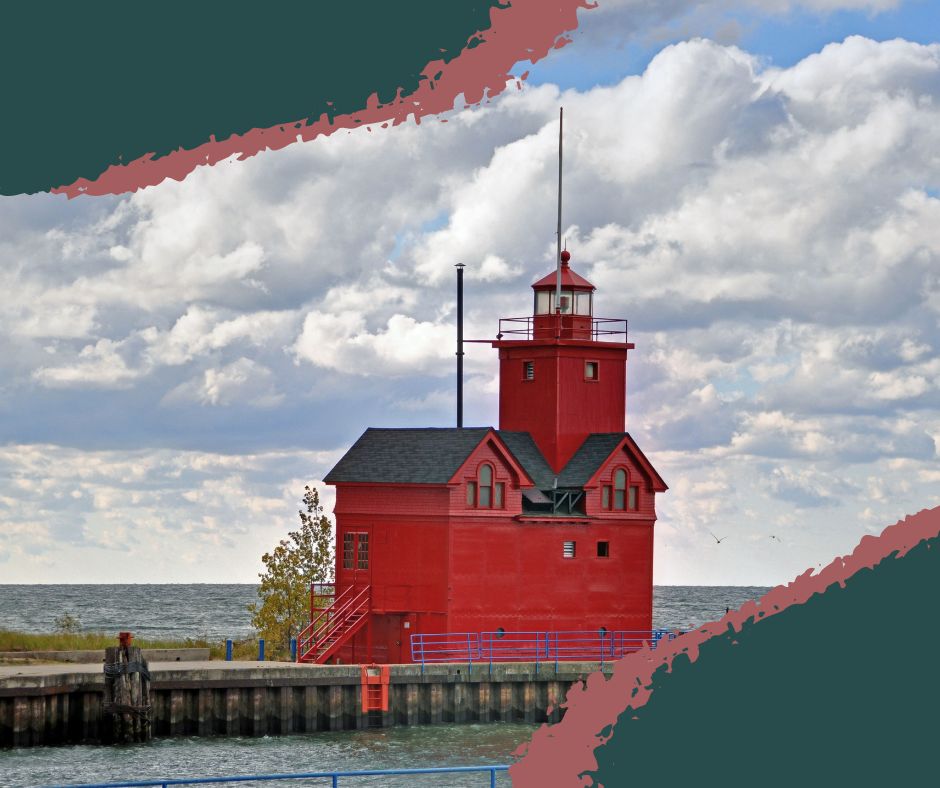 Big Red Lighthouse located on the shore of Lake Michigan at sunset in Holland, Michigan. Open year round.