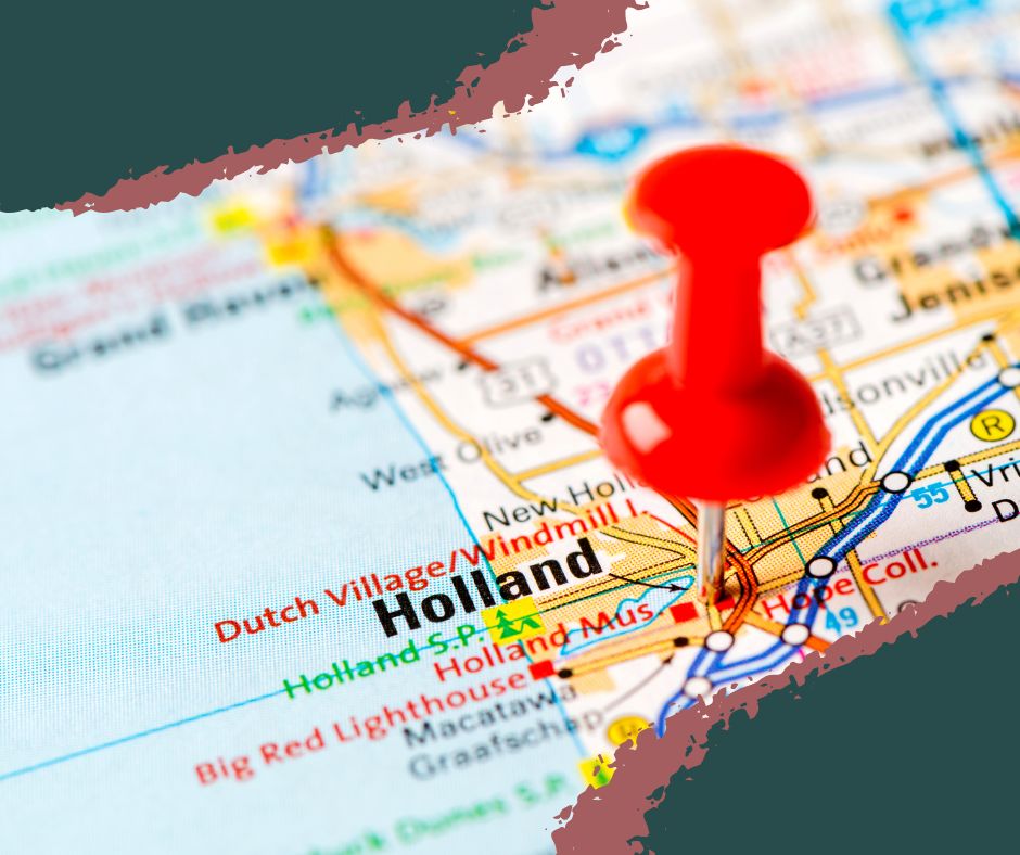 Map showing the location of Holland, Michigan along the eastern shore of Lake Michigan in western Michigan.