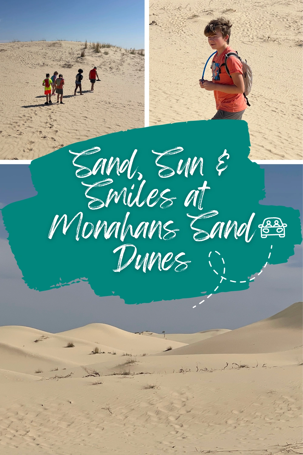 Kids sliding and playing on the soft, golden sand dunes at Monahans Sandhills State Park during a summer visit.