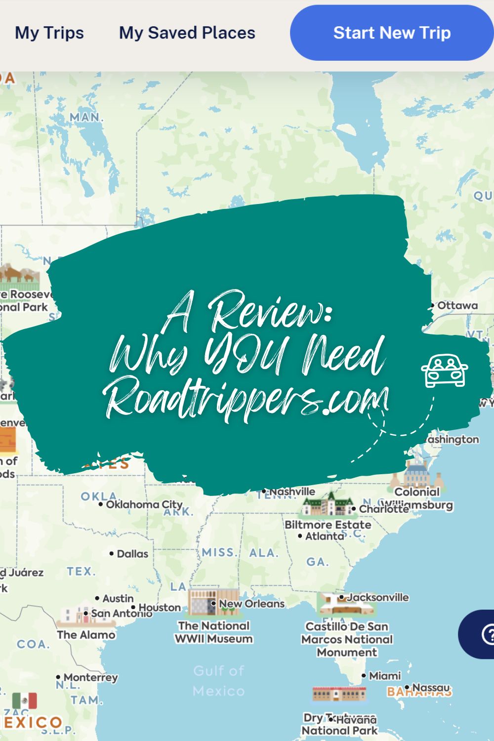 Featured image of a map and a title for Roadtrippers.com and the Roadtripper app.