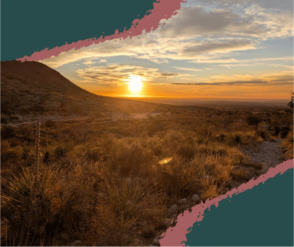 Best Family-Friendly Adventures in Guadalupe Mountains With Kids 3 Kids posing for a photo on a trail with Guadalupe Mountains in the background. Sunrise Guadalupe Mountain National Park with Kids. Morning Hiking Guadalupe Mountain National Park with Kids. Family Travel Unplugged.