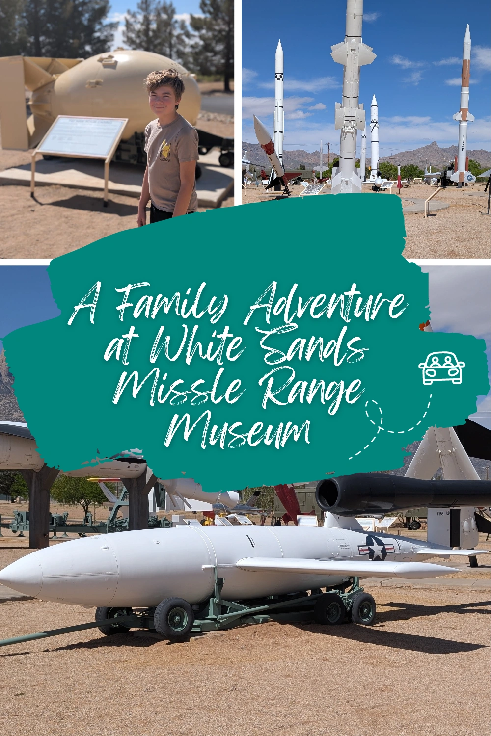 Collection of various missiles on display outdoors at White Sands Missile Range Museum against a clear blue sky.
