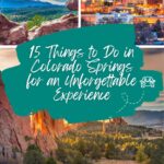 Collage of downtown Colorado Springs, Garden of the Gods red rock formations, and a panoramic aerial view of the Pikes Peak region. CO Springs Things to Do.