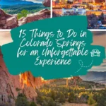 Collage of downtown Colorado Springs, Garden of the Gods red rock formations, and a panoramic aerial view of the Pikes Peak region. CO Springs Things to Do.