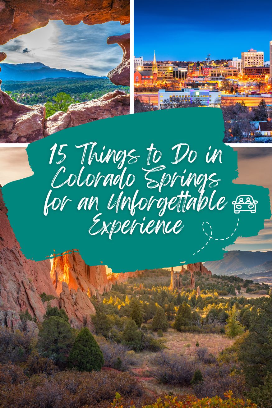 Collage of downtown Colorado Springs, Garden of the Gods red rock formations, and a panoramic aerial view of the Pikes Peak region. CO Springs Things to Do.
