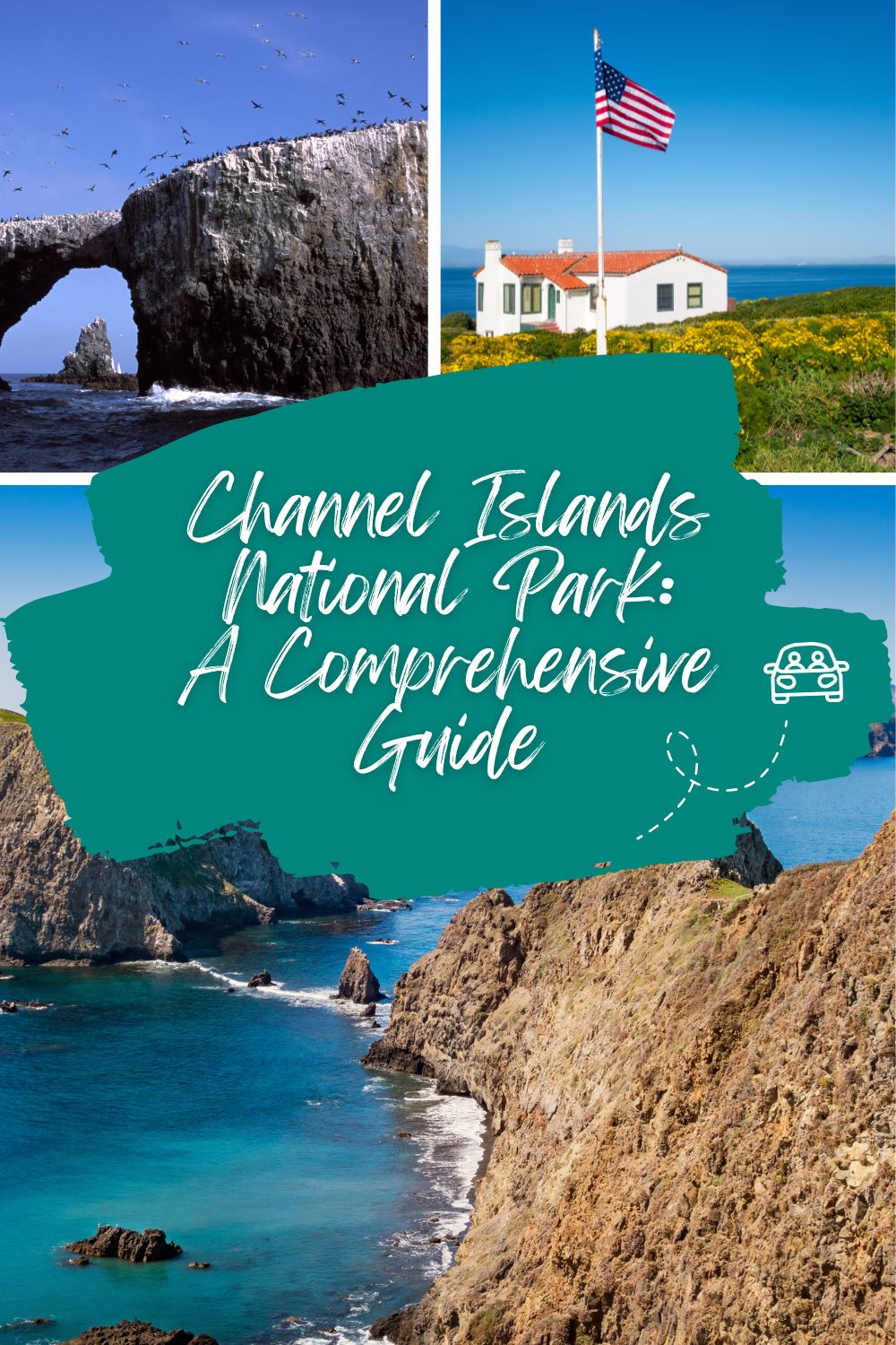 Rugged rock cliffs rise above the Pacific Ocean with a historic building perched on the coastline of Channel Islands National Park. Trip to Channel Islands National Park.