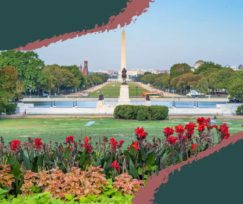 Wide view of the Washington Monument and reflecting pool from the Lincoln Memorial