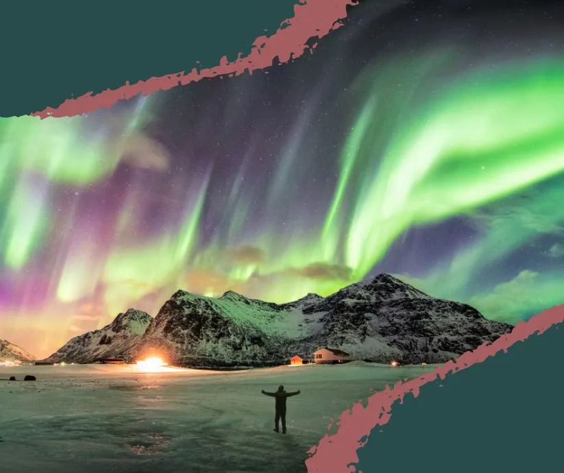 Northern lights glowing green and purple over snowy Alaskan forest